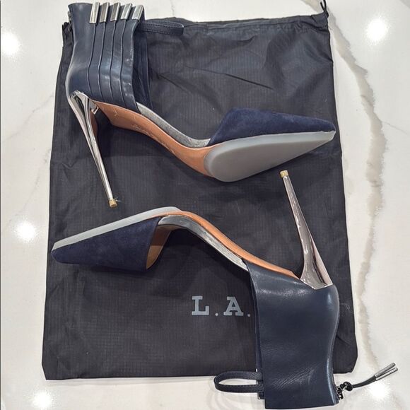 L.A.M.B. Navy and Silver Suede, Leather and Metal Heels - Picture 8 of 16